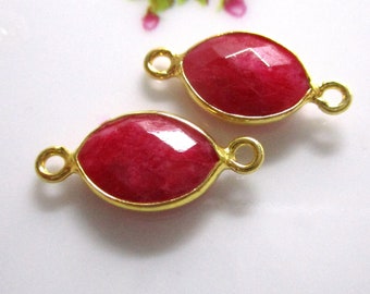 2 pcs, 20mm, 8x11mm stone, Faceted Dyed Ruby Gold Vermeil Bezel Rim Tiny Leaf Connector, Small Marquise, July Birthstone, 07