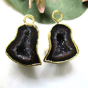 May include: Two gold-plated pendant charms featuring a black and brown geode with a crystal-like interior. The charms have a loop at the top for attaching to a necklace or bracelet.