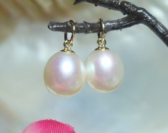One Pair, 14K Gold AAAA Freshwater Pearl Hooplet, Creamy White Drop Pearl Charm Pendant, Earring Hoop Findings