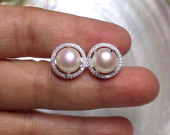 Pendientes de perlas redondas de circonita cúbica de plata de ley de 13 mm, ideales para novias.