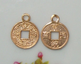 2 pcs, Rose Gold Sterling Silver Chinese Ancient Coin Charm, PC-0159