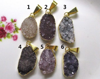 Natural Medium to Dark Agate Drusy Druzy Freeform Bail Gold Edged, Gold Electroplated Pendant, PC-0530