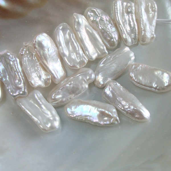 25-30x8-10mm, 6 perles, Biwa Fresh Water Pearl, Creamy Whited iridescent Biwa Freshwater Pearl, Stick Pearl, P-0059