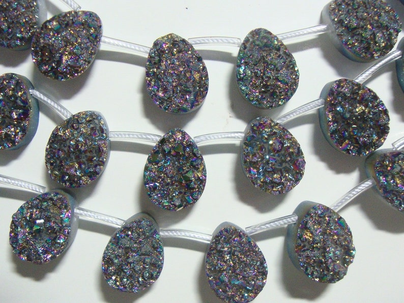 Titanium Druzy Drusy Teardrop Pendant Bead, Multi Peacock, Sparkles, Teardrop Pendant Bead, 16x12.5mm, 1/2 strand image 5