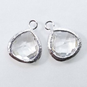 2 pcs, 13x10mm, Clear Crystal Short Teardrop Pendant Charm Dangle, Faceted Glass Teardrop, Frame Glass Drop, Silver Bezel, PC-0236