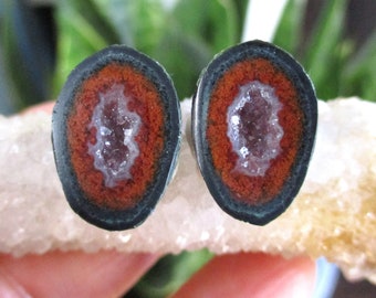 Natürliche mexikanische Tobasco-Achat-Halbgeode, Paar Geodenhälften, kann als Ohrstecker verarbeitet werden, 12,8 x 18 mm, GS-0606-3