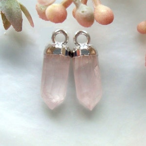 One Pair, Healing Crystal, Rose Quartz Small Spike Pendant Charm Earring Finding, Bullet Point Silver Electroplate, 14x5mm, PC-0393-1