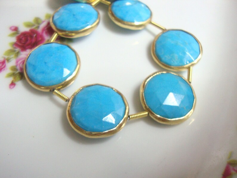 pendant 14-15mm connector Blue Turquoise Faceted Center Drilled Coin Gold Vermeil Bezel Rim 1 pc earrings