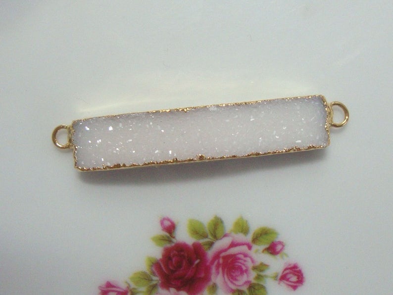 Natural White Drusy Druzy Bar Pendant 40mm Double Bail Drusy Gold Bar Pendant W43