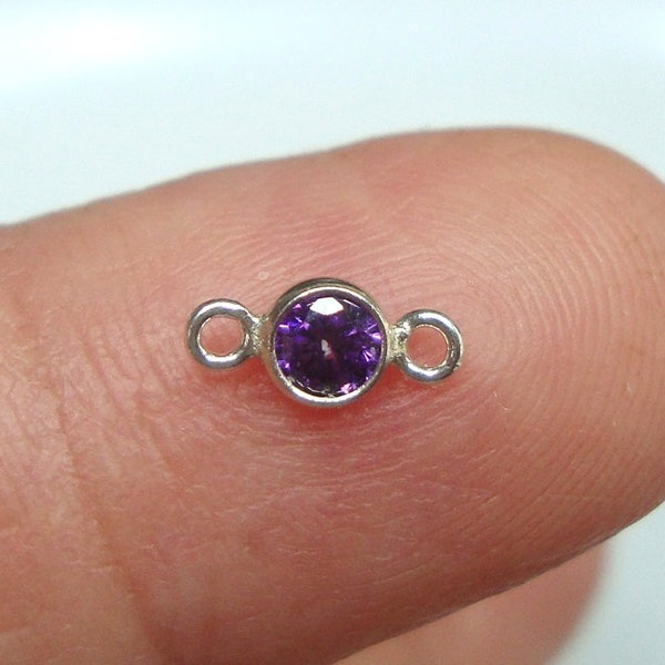 2 pcs, 3mm, 925 Sterling Silver Amethyst AAA CZ Tiny Round Bezel Connector, February Birthstone, Minimalist Collections, CC-0109-2