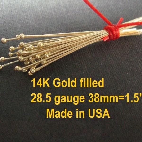 20 pcs, 28.5ga gauge, 38MM, 1.5" 14K Gold Filled Ball Headpin, Ball Head Pins