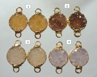 Reduced from 26.90, Natural Agate Round Druzy Drusy Crystal Gold Edged Pair, Connectors, Pendants, 10mm, n29