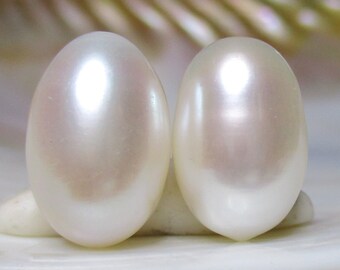 2 pcs, 14.4x9.7mm, Fresh Water Pearl, Half Drilled Lustrous Freshwater Pearls Huge Oval Drop Briolette, P-0192-9