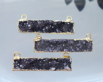 1 pc, Natural Black Gray Agate Drusy Druzy Gold Gold Bar Pendant Coonector, 24K Gold Electroplated,Beautiful and Sparkles-M15-32