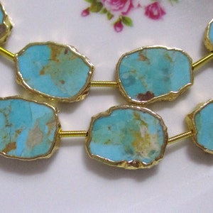 Organic Natural Turquoise Gold Electroplated Smooth Slice Slab Pendant Connector, GS-0422