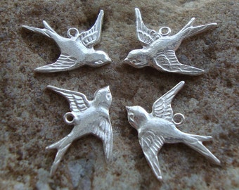 4 pc, 2 Left and 2 Right, 925 Sterling Silver Happy swallow sparrow Bird Charm, left and right, PC-0215