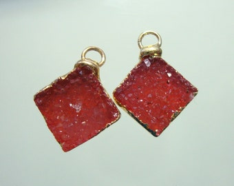Natural Druzy Drusy Crystal Gold Edged Square Diamond Earring Pair, Small Pendant Charm, Dyed Ruby Red Druzy, 10red