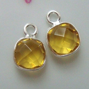2 pcs, 6mm Tiny Small Citrine Quartz Double Sided Faceted Cushion Sterling Silver Bezel Rim Cute Pendant Charm, GS-0243