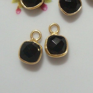 4 pcs, 6mm Black Onyx Double Sided Faceted Cushion Gold Vermeil Sterling Silver Bezel Rim Tiny Small Pendant Charm, Earring Finding, GS-0238