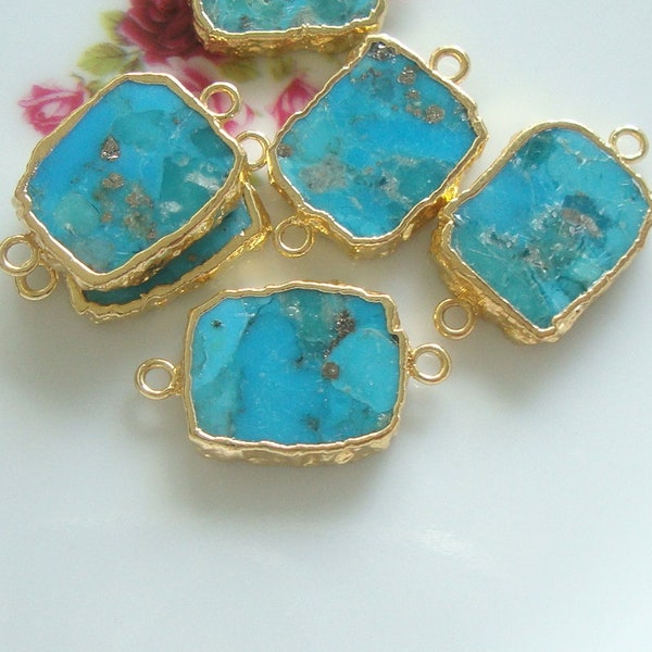 Organic Natural Turquoise Gold Or Silver Electroplated Smooth Slab Pendant Connector, GS-0001