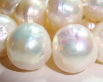 13-14mm, 2 pcs, Kasumi Like Creamy White Iridescent Nucleated Bead Fresh Water Off Round Pearls