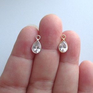 2 pcs, White Diamond CZ Teardrop Gold Vermeil Sterling Silver Bezel Rim Tiny Small Pendant Charm, Earring Finding, April Birthstone, PC-0308