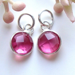 Op de afbeelding: Twee zilveren bedels met roze gefacetteerde glazen stenen. Elke bedel heeft een kleine lus om aan een armband of ketting te bevestigen.