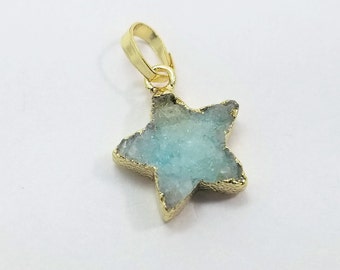 Natural Tinted Minty Green Druzy Drusy 24K Gold Electroplated Crescent Star Small Pendant, Tiny Pendant, 12mm