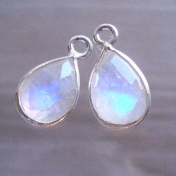 2 pcs, 6x9mm, Flashy Faceted Rainbow Moonstone Sterling Silver Bezel Rim Small Teardrop Pendant Charm Earring Finding, GS-0104