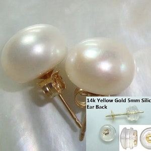 14k yellow gold 13-14mm Elegant Button Pearl Stud Earring, LUSTROUS Big Genuine Button Mushroom Pearls, 14K Silicon Ear Back