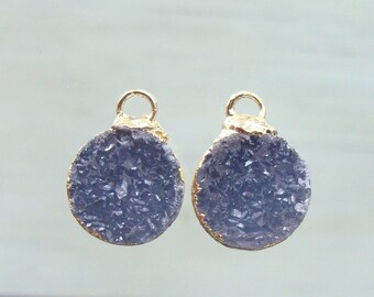 Natural Agate Druzy Drusy Crystal Gold Edge small pendant pair, Dark Gray Tint of Blue, Tiny 10mm Circle Earring Pair, Tiny Pendants, M10BG