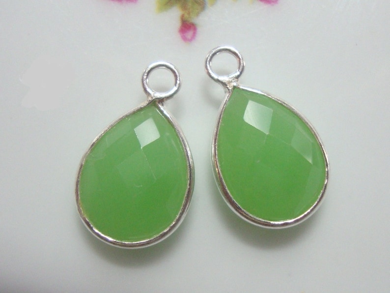 Tear Drop Green Chalcedony Sterling Silver Bezel Charm Pendant finding 16x10mm GC 2 pcs