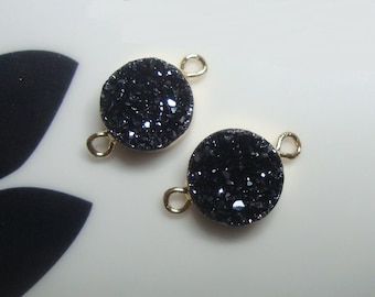 2 pcs, 10mm, Titanium Black Natural Druzy Drusy Double Bail Gold Electroplated Connector Link, BK2R10