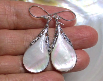 Stunning Abalone shell Sterling Siver Filigree Earrings, Shades of Pink on White, Romantic Chandelier Earrings