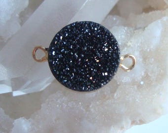 1 pc, Titanium Black Sparkling Crystal Natural Drusy Druzy Double Gold Electroplated Bail Connector round pendant finding, BLR12