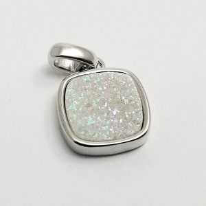 1 pc, 13x11x3mm Titanium White Opal-like Natural Drusy Druzy Square Pendant Charm Set in White Gold Plate Tray, PC-0337