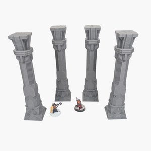 Może przedstawiać: Cztery szare, kamieniopodobne filary ze szczeg&oacute;łowymi wzorami architektonicznymi. Dwie miniaturowe figurki umieszczone w pobliżu filar&oacute;w. Filar&oacute;w o r&oacute;żnych wysokościach i kątach, sugerujących zniszczoną lub starożytną strukturę. Idealne do gier stołowych.