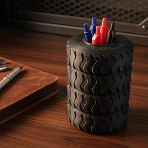 3D Printed Tire Stack Pen Holder | Desk Organizer for Office, Garage, or Man Cave