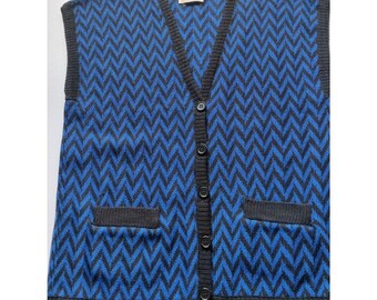 Vintage Pendleton Wool Sweater Vest Womens Size L Blue Black Chevron Pockets