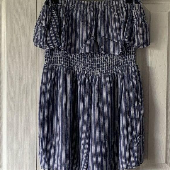 American Eagle Women's L Blue Striped Off-shoulder Ruffled Dress - Etsy
