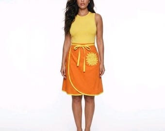 Vintage Sun Face Applique Wrap Skirt Orange Yellow Tie Waist Small Celestial