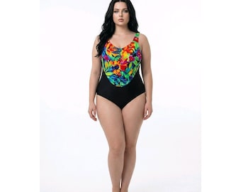 Vintage Tropical Floral One Piece Swimsuit Black Multicolor Ruched Scoop Neck