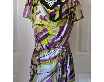 Blusa tipo túnica transparente con estampado abstracto para mujer, manga corta y cinturón