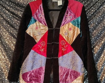 White Stag Womens Floral Embroidered Velvet Jacket Beaded Button Up Black S 4/6