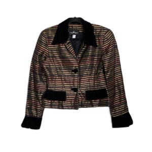 May include: A long-sleeve jacket featuring a horizontal striped pattern in shades of brown, gold, and black. The jacket includes a solid black collar, black cuffs, and two black flap pockets at the waist. It fastens with two black buttons down the front.