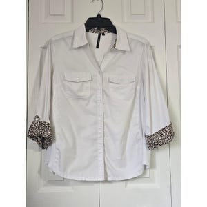 Cathy White Button Up Shirt Leopard Print Contrast Cuffs Blouse Large Career
