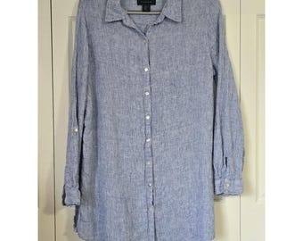 Tahari Womens XL Blue 100% Linen Long Sleeve Button Down Tunic Shirt Top