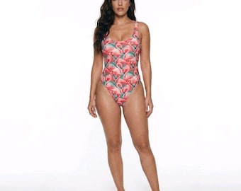 Old Navy Pink Flamingo Tropical Print One Piece Swimsuit XXL Scoop Neck Low Back