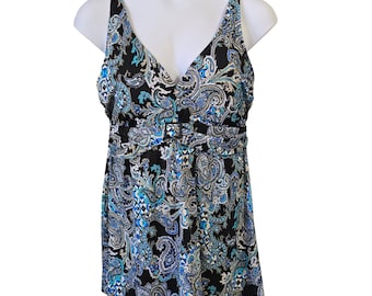 Blue Black Paisley V-Neck Swim Dress One Piece Swimsuit with Built-in Briefs