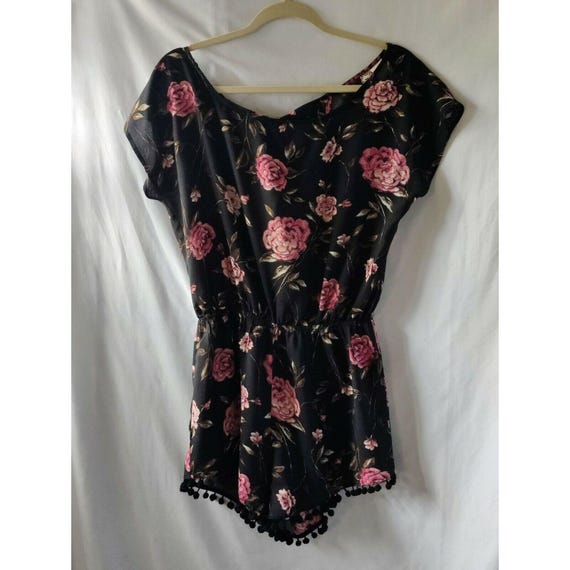 Mimi Chica Floral Elastic Waist Romper Short Sleeve Black Womens Size Medium